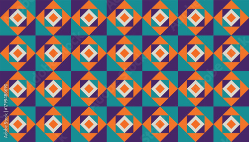 A seamless geometric pattern featuring repeated diamond-shaped compositions arranged in a grid. Each tile combines bold orange, teal, purple, and white shapes that intersect to form a symmetrical