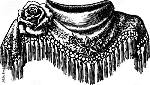 Antique engraving of elegant draped fabric with floral design. This vintage illustration showcases detailed craftsmanship in black line art, a perfect vector set.