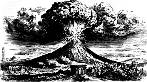Historic volcano eruption engraving. Black outline vector illustration depicting a vintage landscape with clouds and an ancient structure in detail.