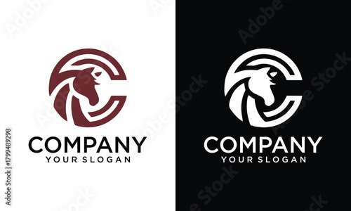 Creative Letter C head horse logo design. Vector combination of animals and letter