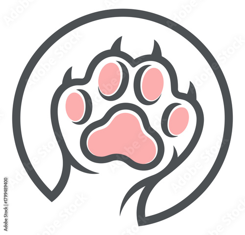 Cute animal paw print in circle isolated on, representing pet care and veterinary services