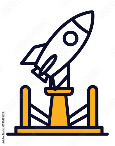 Illustration of a rocket on a launchpad, ready for liftoff, isolated on