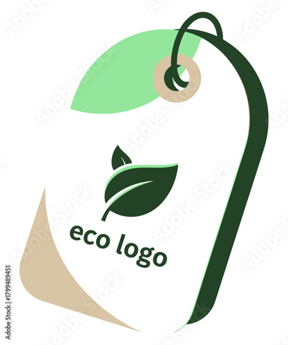 Illustration of an eco logo tag with a leaf, representing sustainable and environmentally friendly products isolated on