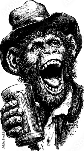 Vintage monkey illustration with a black outline. The hand-drawn design features a monkey holding a mug in a humorous expression, vector illustration.