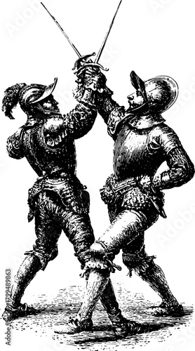 Antique engraving of a fencing duel between two armored warriors. This black outline drawing showcases the retro style, in a set of vector illustrations.