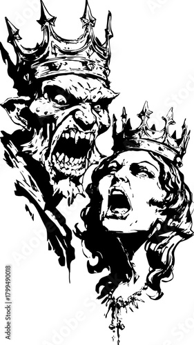 Engraved illustration of a king and queen in silhouette. Dramatic black vintage art in a retro style, vector set.