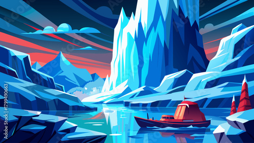 A dramatic arctic scene featuring a massive iceberg glowing in icy blue tones, with gentle waterfalls flowing down its sides as a bright red lifeboat floats close, creating a powerful contrast in the 