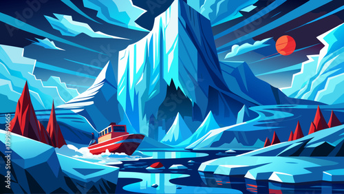 A dramatic arctic scene featuring a massive iceberg glowing in icy blue tones, with gentle waterfalls flowing down its sides as a bright red lifeboat floats close, creating a powerful contrast in the 