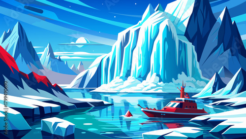 A breathtaking polar landscape showing a colossal iceberg with shimmering waterfalls, surrounded by cold blue water, while a nearby red lifeboat emphasizes the scale and majesty of the frozen giant