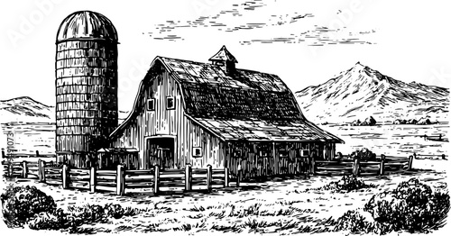 Rustic barn and silo in black and white outline. Vintage vector illustration of a classic farm landscape with mountains and a fence.