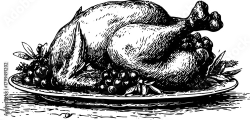 Roast chicken or turkey on platter with herbs and grapes. Vintage ink sketch in black and white. Handdrawn food vector illustration.