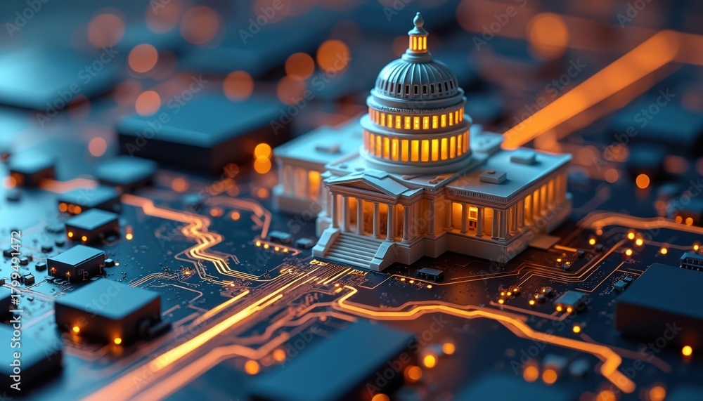Obraz premium Futuristic digital circuit board with miniature government building model. Glowing orange lines show data flow, connections. Modern tech integration symbolizes advanced administration, future policy.