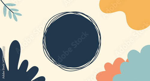 Abstract art background featuring a hand-drawn scribbled circle and diverse organic shapes in a minimalist, modern design style, perfect for creative projects and digital media