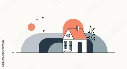 Minimalist Vector Illustration of a Charming House in a Serene Landscape with Abstract Geometric Elements and Sunset Sky – Modern Home Design Concept