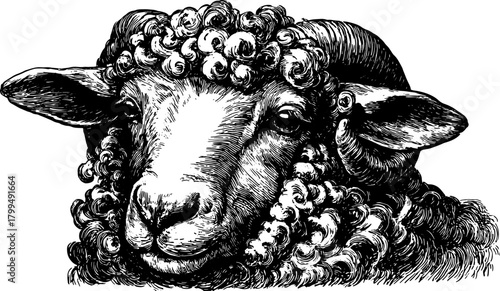 Sheep head in a vintage outline drawing style. Black and white vector illustration featuring detailed curly hair and classic texture.