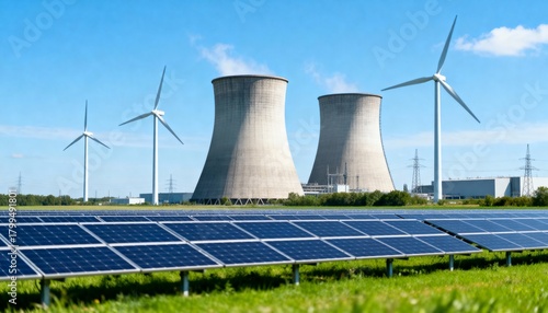 Solar panels and wind turbines alongside large cooling towers, representing a mix of modern and traditional energy sources.