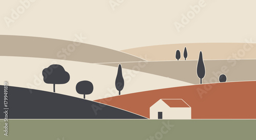 Serene Landscape Illustration Minimalist Countryside with Rolling Hills and a Tiny House