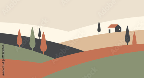 Scenic Landscape Vector Illustration with Rolling Hills, Trees, and a Small House
