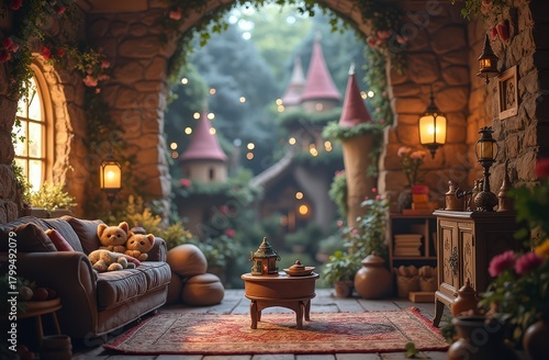 Fantasy cat realm with castle towers, fairy lights, and magic-themed decor Generative AI