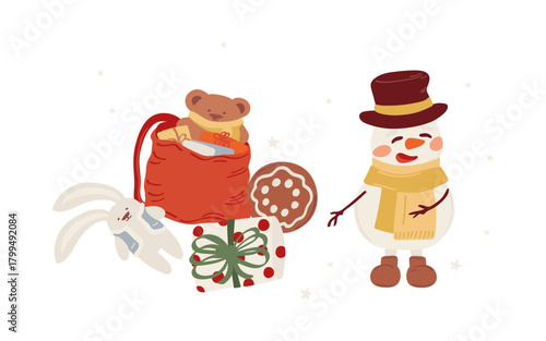 Joyful snowman character Santa's helper puts many gifts in a bag. Cute Christmas holiday vector illustration.