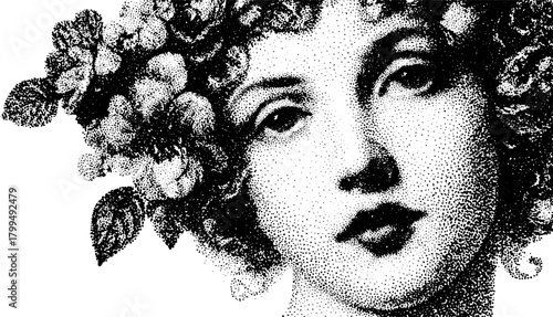 Antique engraving of a woman's portrait in silhouette style. The detailed black line drawing features floral elements, creating a vintage vector illustration.