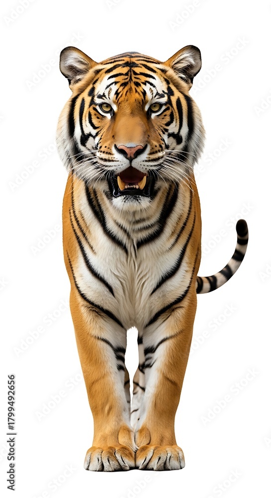 Obraz premium Tiger with mouth open stands on white background.
