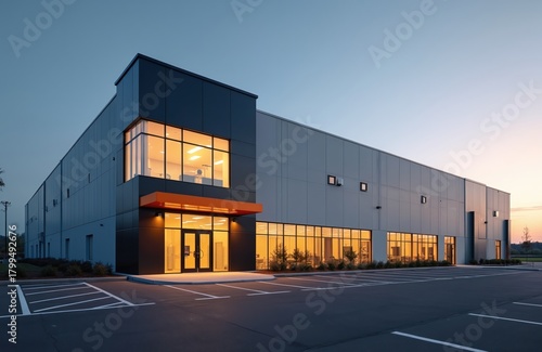 Modern industrial building combines warehouse, office space. Sleek design with large glass windows, dark gray panels. Bright lights glow inside at twilight. Empty parking lot awaits vehicles, ready