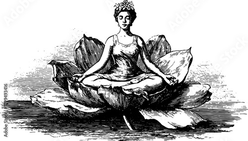 Vintage illustration of a woman meditating on a lotus flower. Black and white outline vector illustration that conveys serenity and elegance.