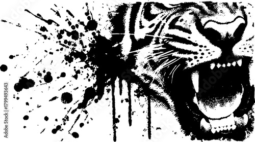Tiger roaring with a dramatic splash effect. Black and white vector illustration showcasing its fierce expression and wild nature.