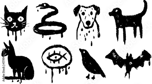 Set of black animal illustrations: cat, dog, snake, bird, and bat. Simple vector graphic style with unique drippy textures for visual impact.
