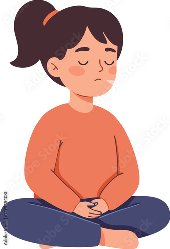 Cartoon illustration of a serene young girl meditating cross-legged with her eyes closed in a peaceful and calming atmosphere against a clean white background.