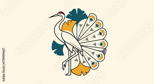 Elegant Crane with Ginkgo Leaves and Ornamental Tail Feathers Vector Art