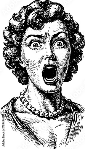 Vintage illustration of a woman screaming with expressive features in a black and white vector style. This artwork showcases shock and emotion in a retro design.