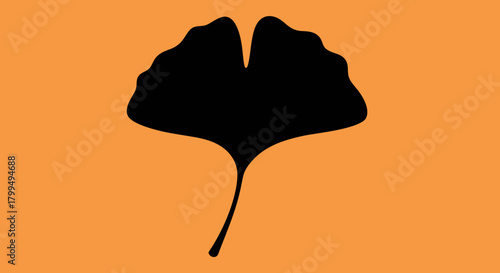 Minimalist black silhouette of a Ginkgo Biloba leaf on a vibrant orange background, a simple botanical vector illustration