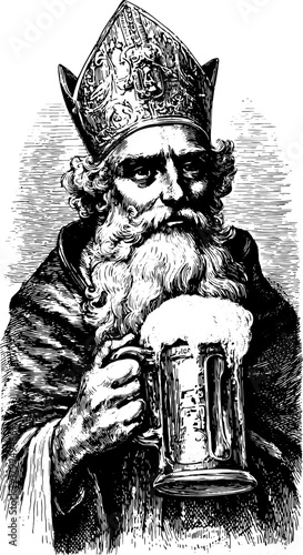 Bishop holding a mug of beer in silhouette style. Vintage vector illustration depicting a traditional character with detailed outline.