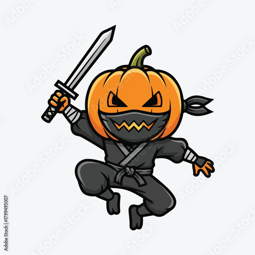 A cartoon pumpkin character dressed as a ninja holds a sword in a dynamic fighting pose against a clean white background with a playful and spooky mood.