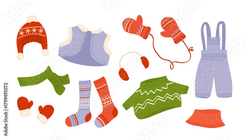 Collection of winter clothes isolated on white background. Woolen jumper, socks, waistcoat, scarf, hat, earmuffs, mittens. Seasonal clothing set. Colorful vector illustration.