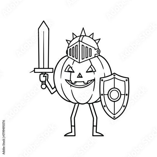 A cartoon pumpkin character wearing a knight's helmet and armor, holding a sword and shield on a white background with a playful and adventurous mood.