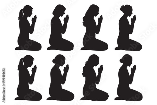 Collection of eight praying women silhouettes in profile isolated on white background
