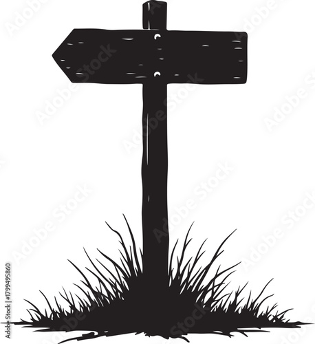 Black silhouette of a wooden signpost with grass black and white