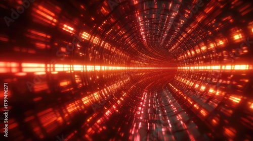 Fototapeta Naklejka Na Ścianę i Meble -  Futuristic digital tunnel with glowing red light streaks