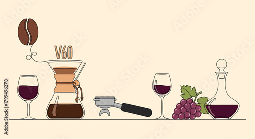 Aesthetic still life illustration featuring coffee brewing equipment and wine elements