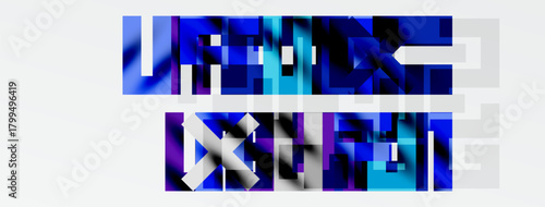 Abstract geometric shapes, blue hues dominate. Rectangles form text like structure, white background contrasts dark elements. Modern design.