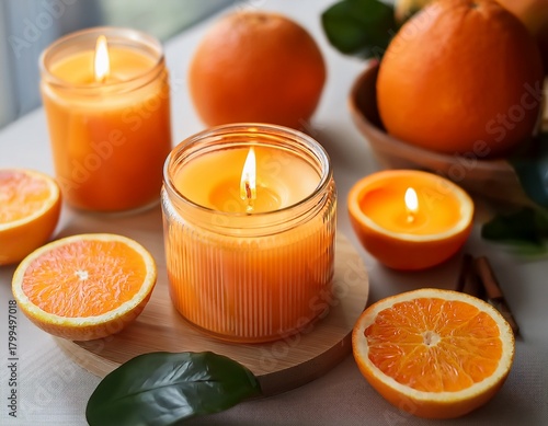 vibrant orange candles with fresh citrus fruits creating a cozy atmosphere indoors