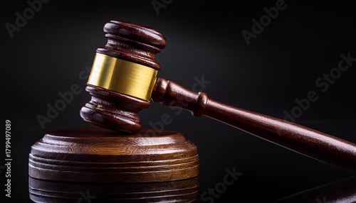 a wooden gavel with a gold band resting on a base against a black background