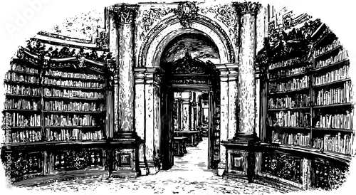 Antique library engraving with bookshelves and ornate details. Classic architecture creates an elegant vector illustration set.
