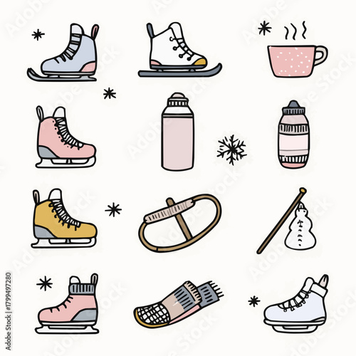 Winter doodle clipart set with ice skates, sled, thermos bottles, warm socks, cocoa mug and snowflakes. Simple bold outlined drawings on a clean white background, isolated elements 