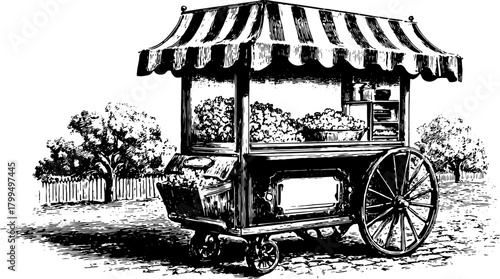 Food cart illustration in vintage engraving style, featuring fruits and wooden details in an outdoor market scene. Ideal vector set for various uses.