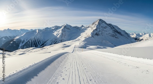 A groomed ski slope leads towards majestic snowcovered mountains under a bright sky