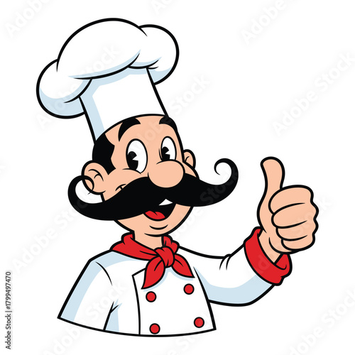 Cartoon chef with mustache giving thumbs up isolated on white background, happy and smiling